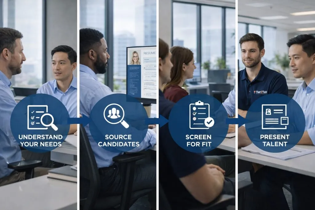 Tier2Tek WordPress developer recruitment process showing understand needs, source candidates, screen for fit, present talent
