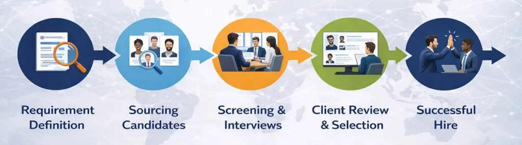 Web developer staffing process infographic showing requirement definition, sourcing, screening, client review, and successful hire