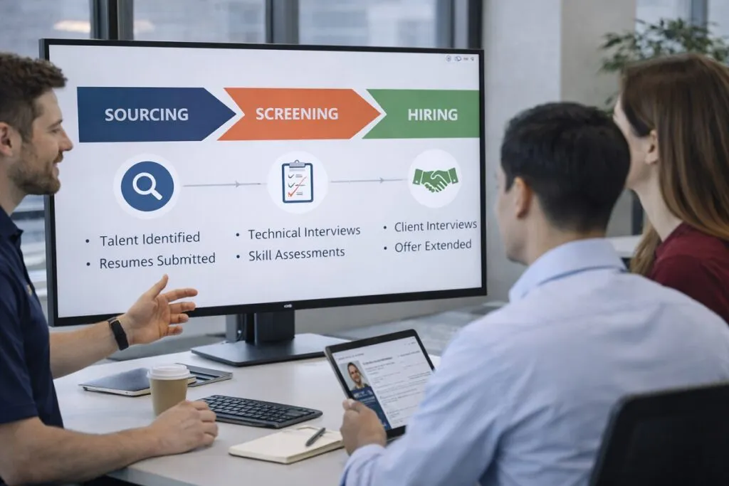 WordPress developer staffing workflow showing sourcing, screening, and hiring process