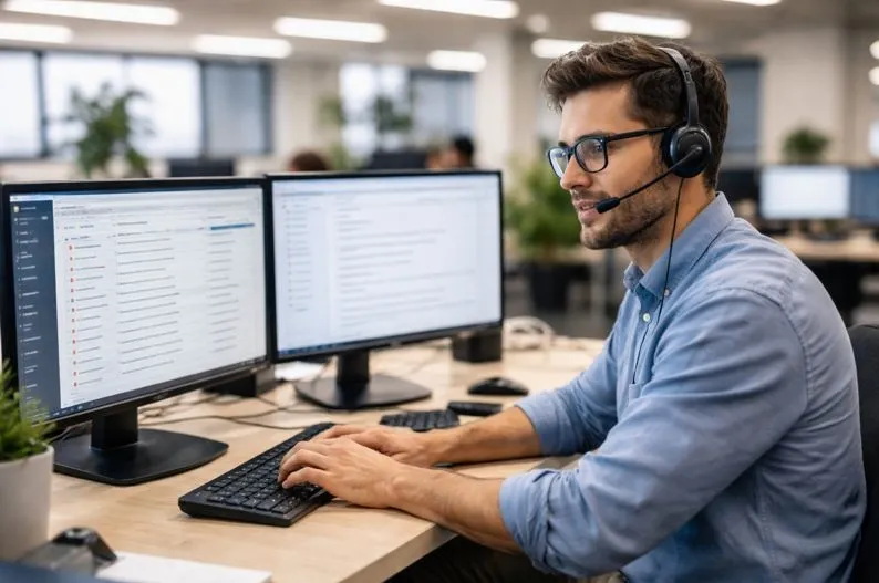 IT support helpdesk technician wearing a headset works at a dual-monitor desk, managing support tickets and email in a modern office environment.