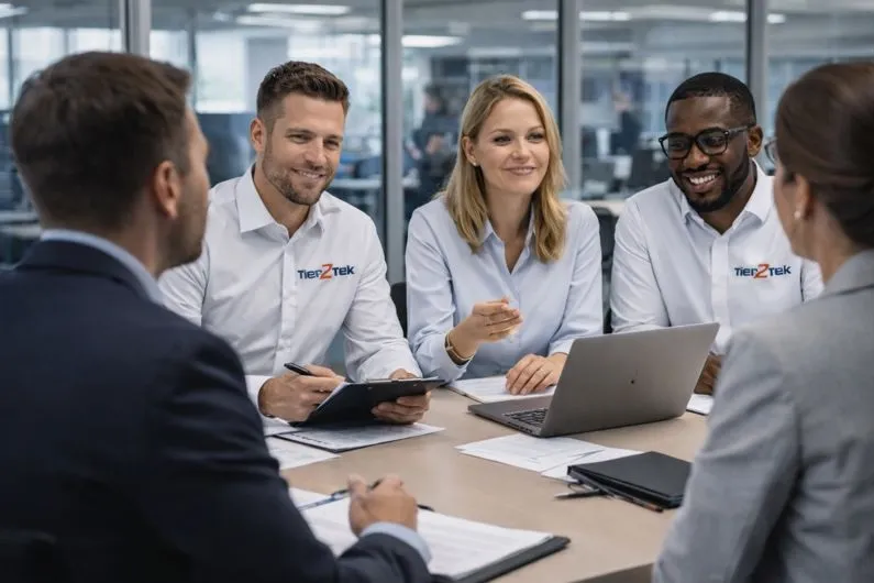 Tier2Tek IT recruiters meeting with clients in a professional office environment discussing direct hire technology staffing needs.