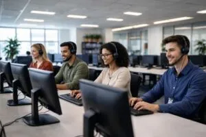 IT help desk professionals working independently at spaced workstations in a modern office