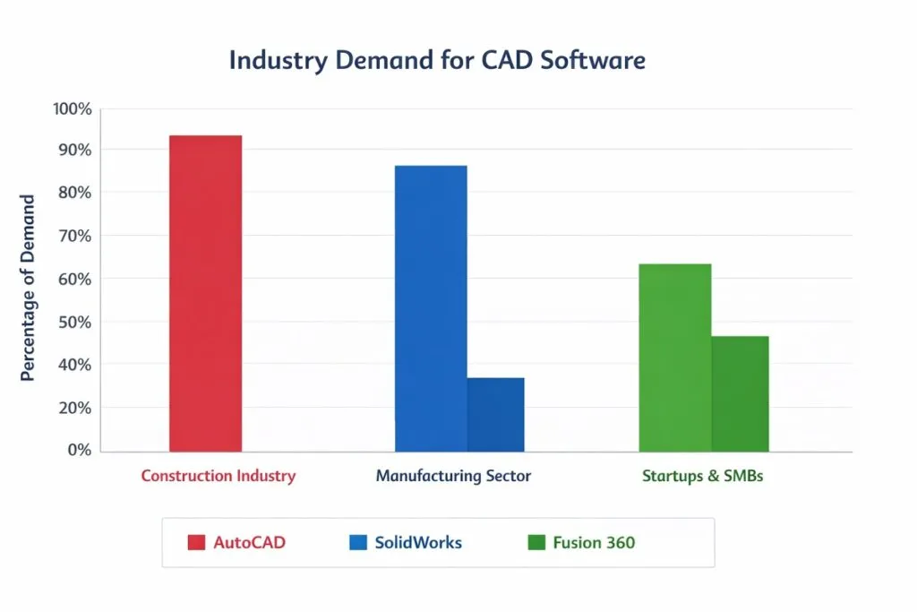 Bar chart comparing industry demand for AutoCAD, SolidWorks, and Fusion 360 across construction, manufacturing, and startups.