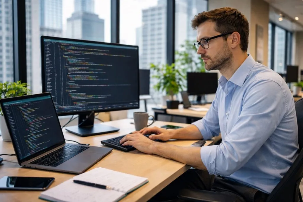 Java developer working in modern office with city skyline background for Tier2Tek Staffing direct hire recruitment