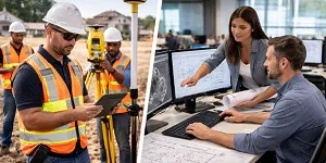 Land surveying professionals using total station equipment and CAD drafting in office environment