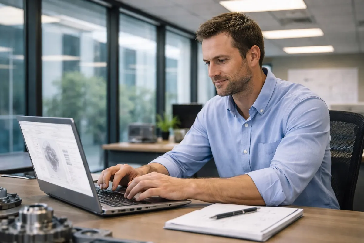 Mechanical engineer working on laptop with CAD design software in a modern corporate office environment.