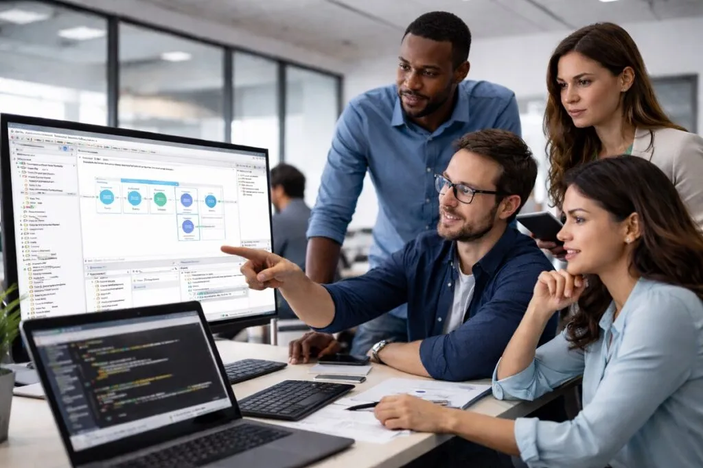 MuleSoft engineers reviewing API integrations on Anypoint Platform in enterprise office environment