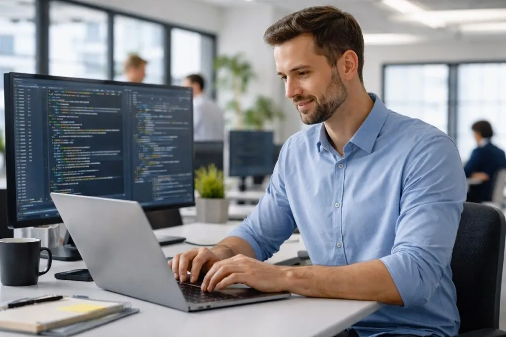 .NET developer working on laptop in corporate office environment for Tier2Tek Staffing direct hire recruitment