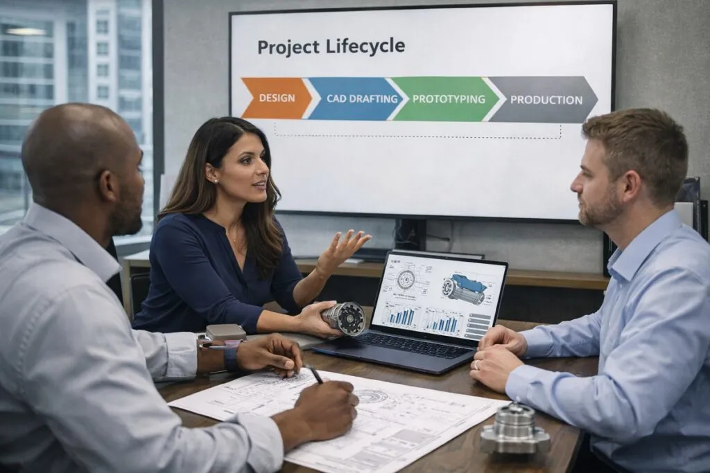 Engineering team reviewing project lifecycle stages for CAD Drafter vs Designer roles in corporate office for Tier2Tek Staffing