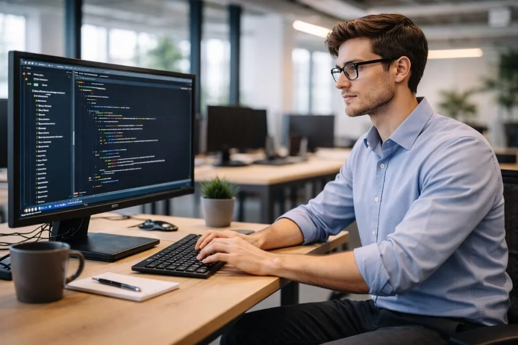 Business casual Python developer coding in modern office environment, direct hire staffing concept