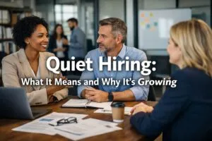 Quiet Hiring strategy meeting in modern office setting with HR professionals discussing workforce planning and internal talent mobility