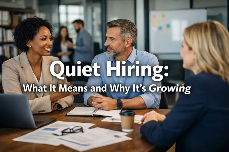 Quiet Hiring strategy meeting in modern office setting with HR professionals discussing workforce planning and internal talent mobility