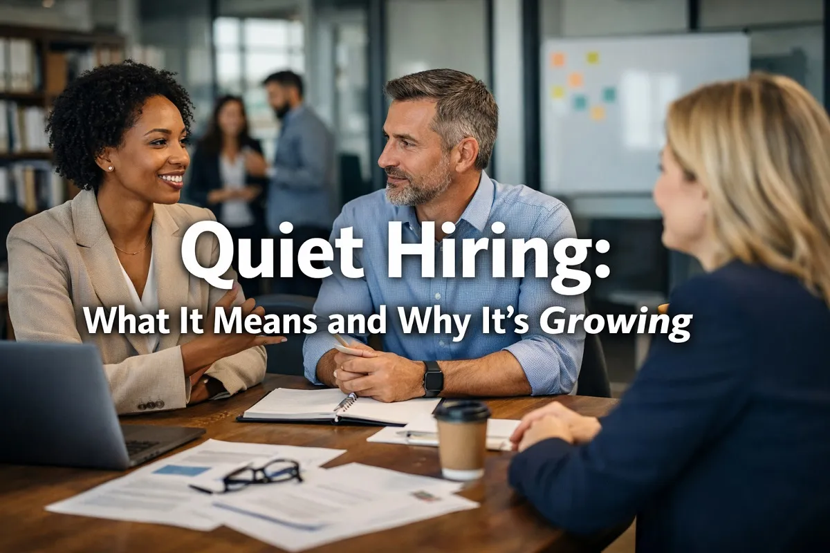 Quiet Hiring strategy meeting in modern office setting with HR professionals discussing workforce planning and internal talent mobility