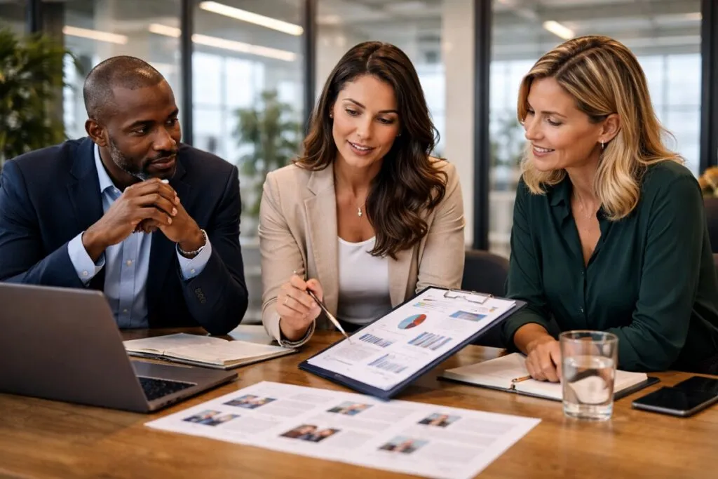 Talent acquisition team reviewing hiring strategy and workforce analytics in corporate office