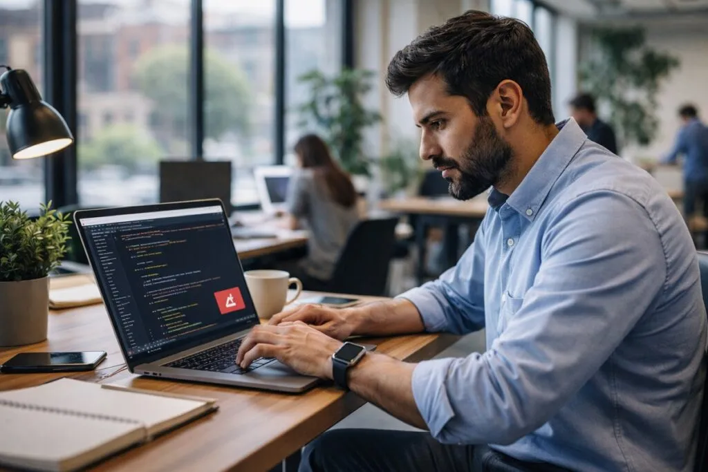 Ruby on Rails developer in business casual attire working on laptop in modern office environment