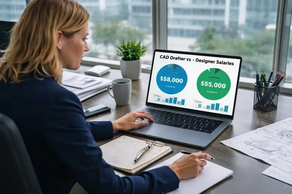 Hiring manager reviewing CAD Drafter vs Designer salary comparison on laptop in corporate office for Tier2Tek Staffing