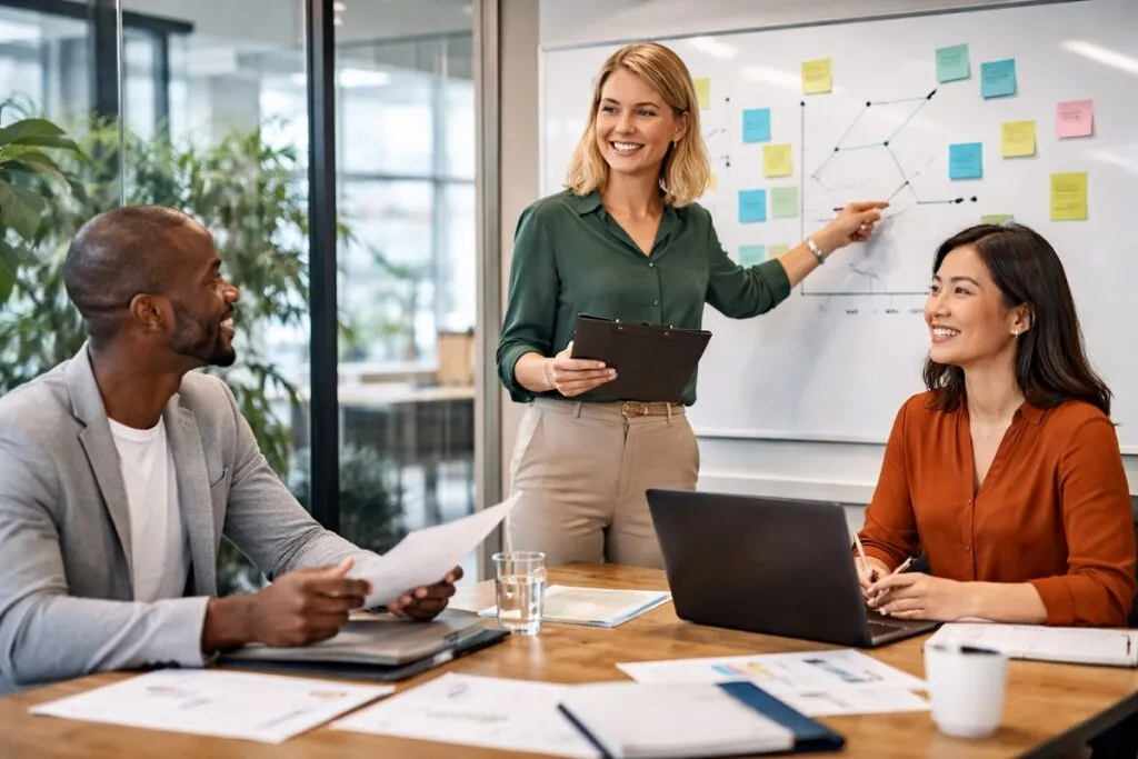 HR team discussing internal mobility and strategic workforce planning in corporate office setting