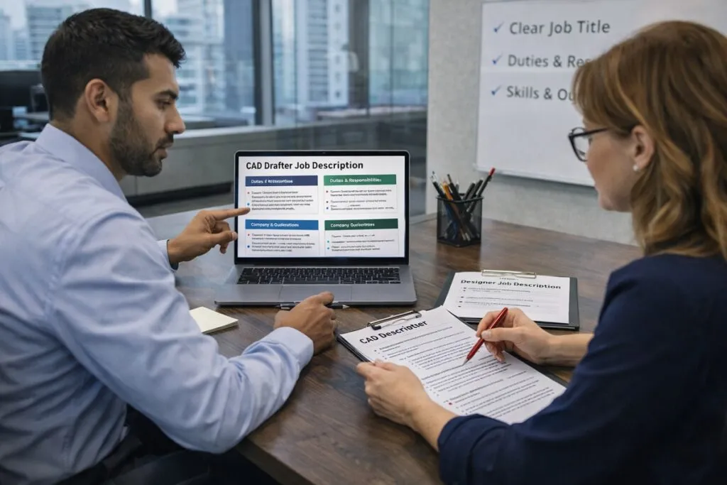 HR professionals structuring CAD Drafter and Designer job descriptions in corporate office for Tier2Tek Staffing