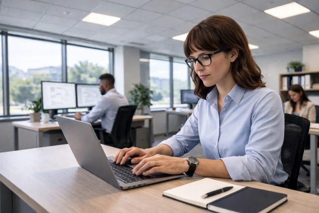 Professional female technical writer working on laptop in corporate office for direct hire staffing