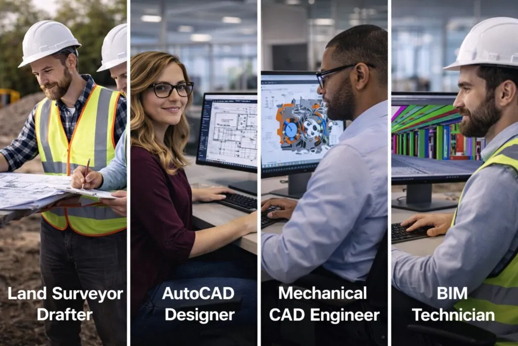 Land surveyor drafter, AutoCAD designer, mechanical CAD engineer, and BIM technician working in real-world professional environments.