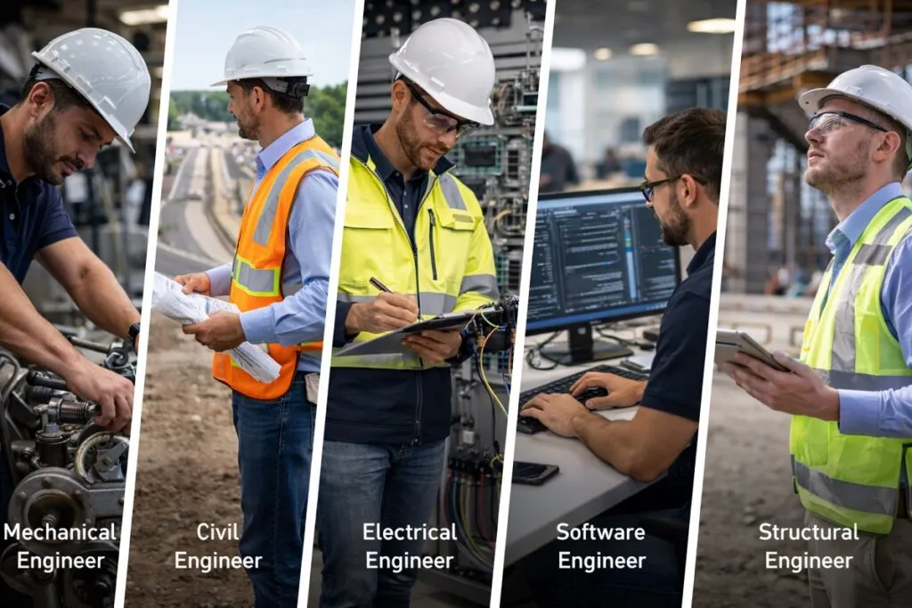 Mechanical, civil, electrical, software, and structural engineers working in real job environments