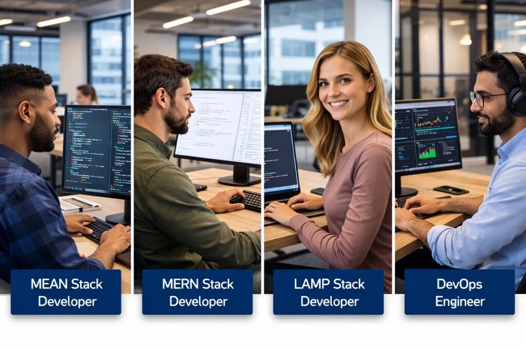 Full stack developer roles including MEAN, MERN, LAMP, and DevOps professionals in corporate office setting