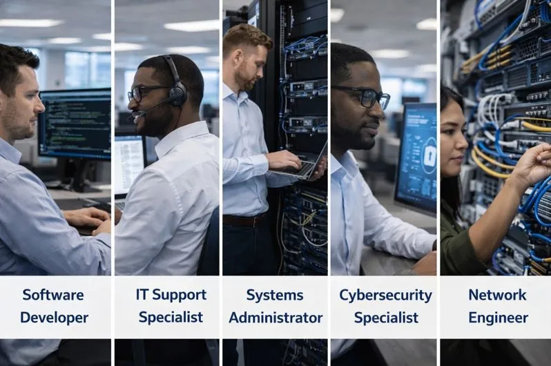 IT professionals performing software development, IT support, systems administration, cybersecurity, and network engineering roles.