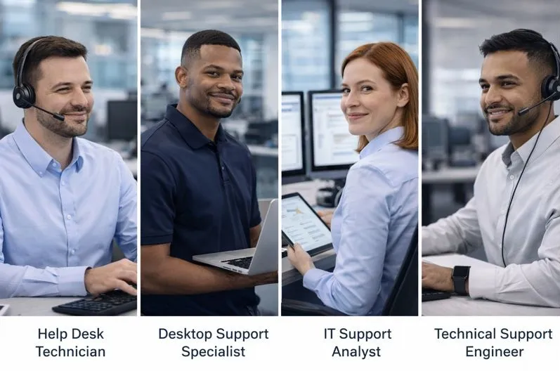 IT support professionals in different roles working in a modern office environment
