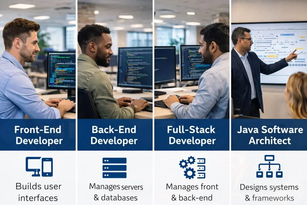 Java developer roles including front end, back end, full stack and architect in corporate office