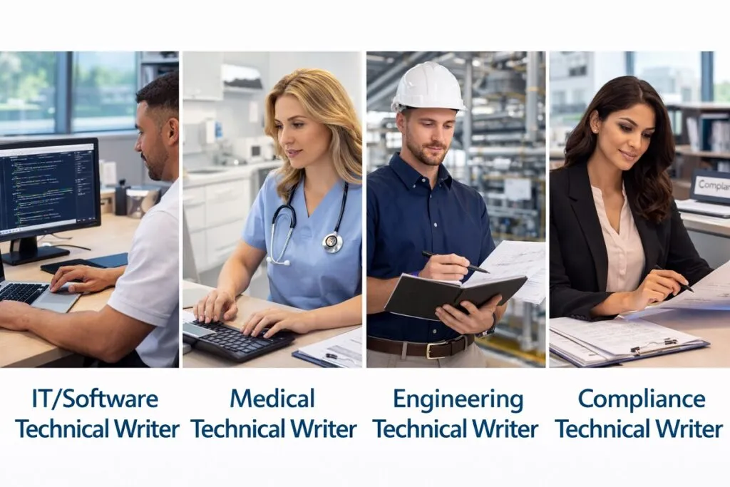 IT, medical, engineering, and compliance technical writers working in professional office settings