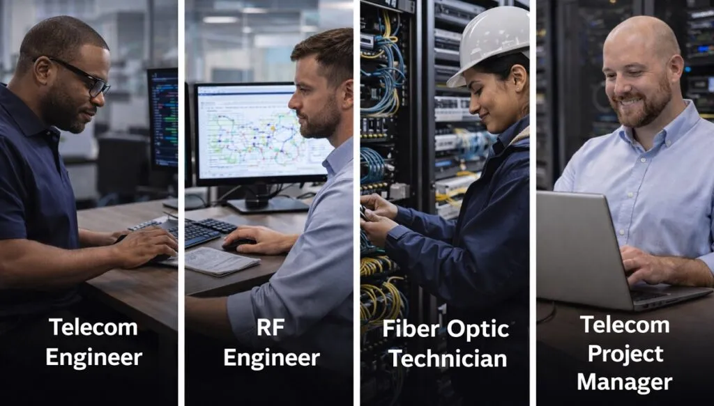 Telecom Engineer, RF Engineer, Fiber Optic Technician, and Telecom Project Manager in real work environments