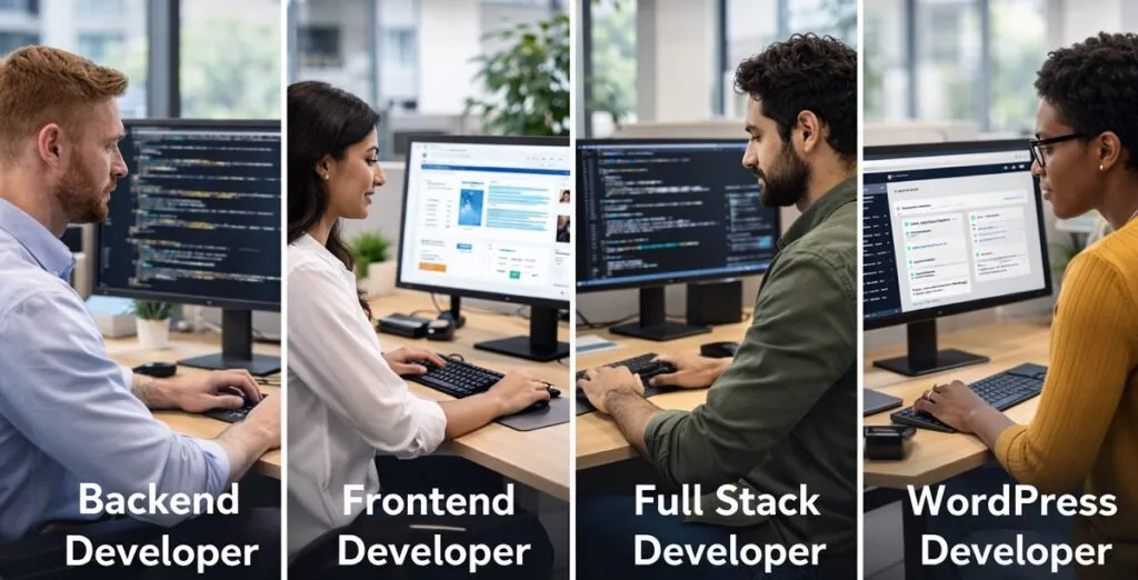 Web developer professionals working in office on backend, frontend, full stack, and WordPress development