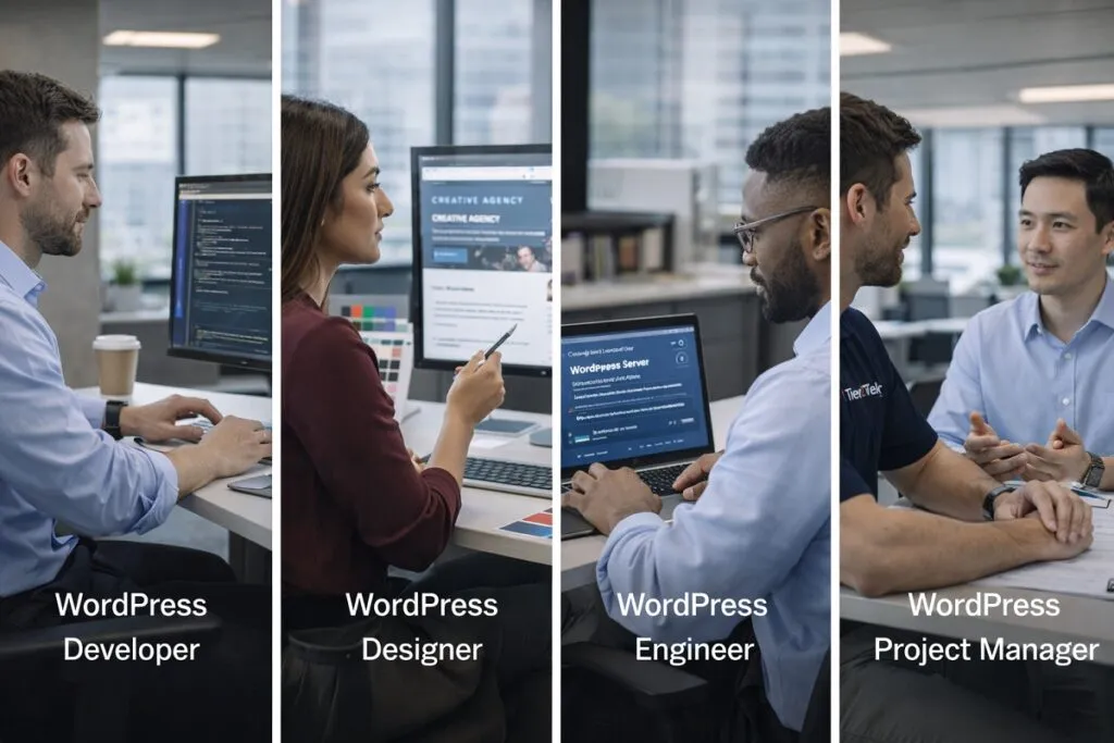 WordPress professionals including developer, designer, engineer, and project manager in corporate office