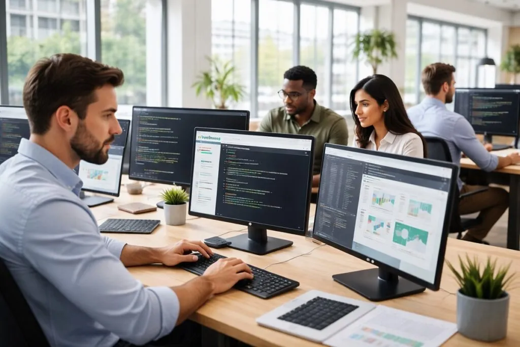 Business casual web developers working on WordPress development in a professional office environment with large windows