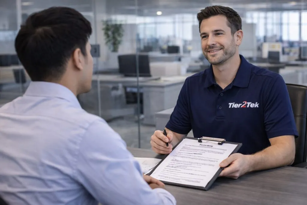 Tier2Tek Staffing recruiter interviewing a CAD candidate during a professional office meeting.