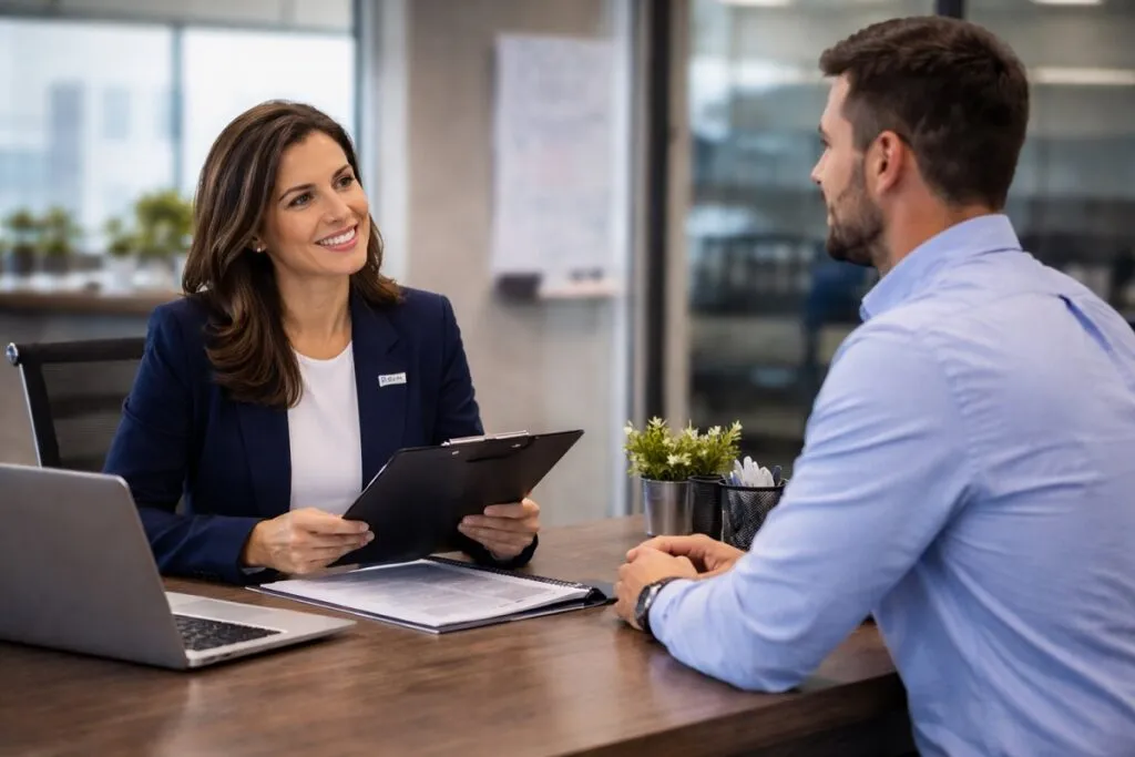 Tier2Tek recruiter interviewing engineering candidate in corporate office