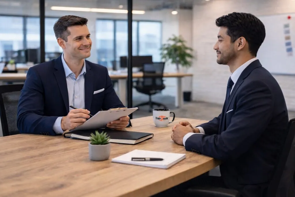 Tier2Tek recruiter interviewing full stack developer candidate in professional office setting