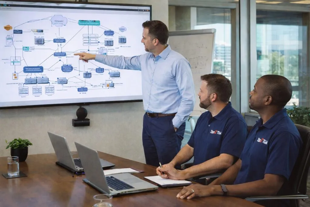Tier2Tek recruiters meeting with infrastructure architect reviewing enterprise network topology diagram in corporate conference room