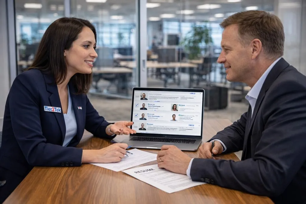 Tier2Tek recruiter with logo pin reviewing Java developer candidates with hiring manager