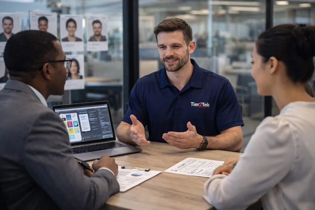 Mobile application developer staffing consultation meeting with recruiter and client