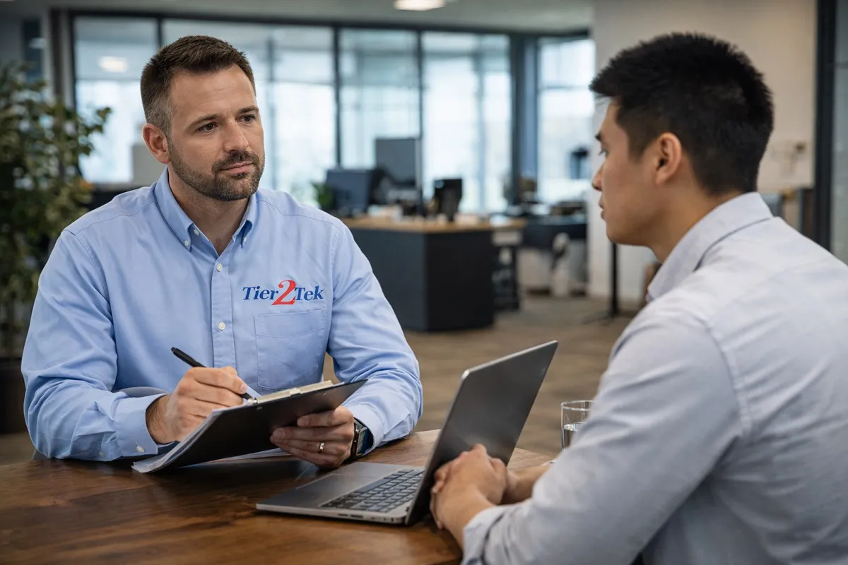 Tier2Tek Staffing recruiter interviewing a process engineer in a professional office setting