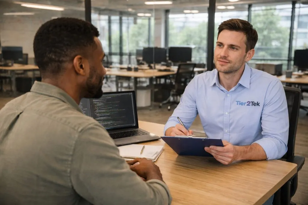 Tier2Tek recruiter interviewing Python developer in modern office