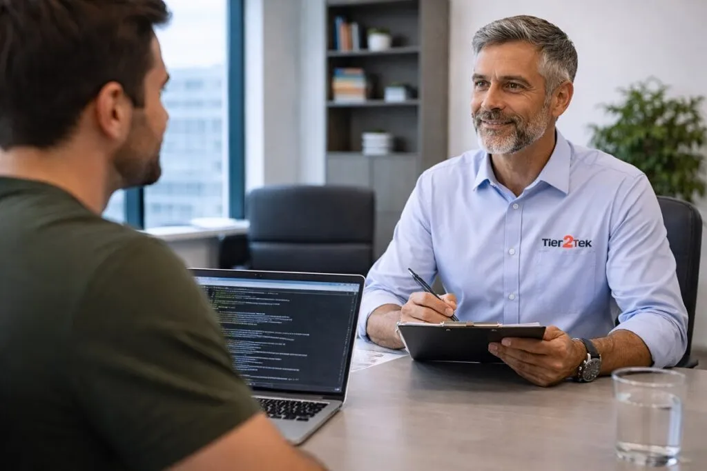 Tier2Tek recruiter interviewing Ruby on Rails developer in professional office