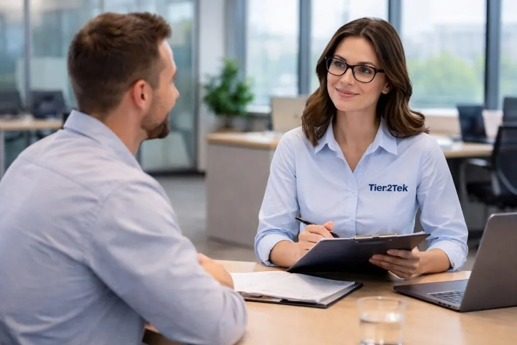Tier2Tek recruiter interviewing technical writer candidate for direct hire placement