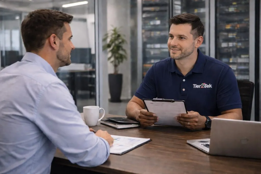 Tier2Tek recruiter interviewing telecom candidate in professional office setting