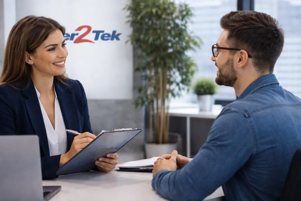 Recruiter interviewing WordPress developer in corporate office for direct hire staffing