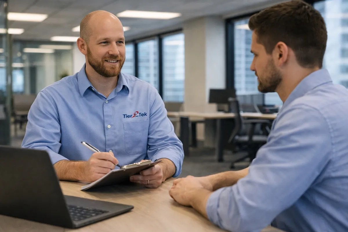 Tier2Tek recruiter interviewing an algorithms engineer in a modern corporate office setting.
