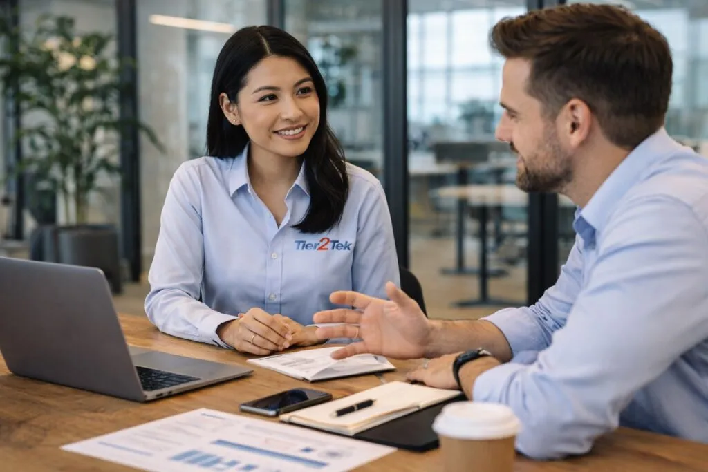 Tier2Tek Staffing recruiter meeting with hiring manager to discuss direct hire recruitment strategy