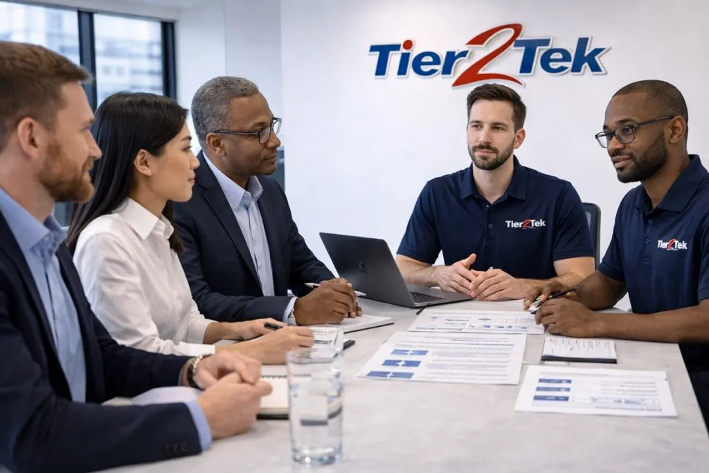 Corporate leaders meeting with Tier2Tek Staffing recruiters about .NET developer staffing