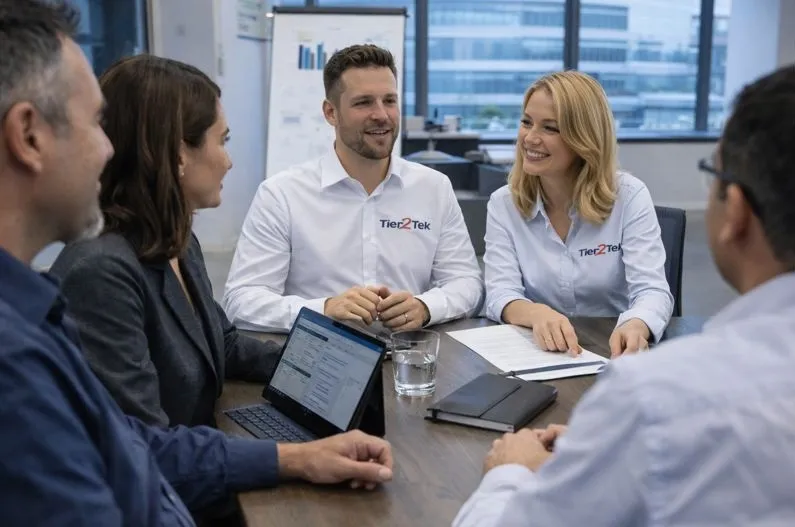 Leadership team meeting with Tier2Tek recruiters to plan IT hiring and workforce strategy.